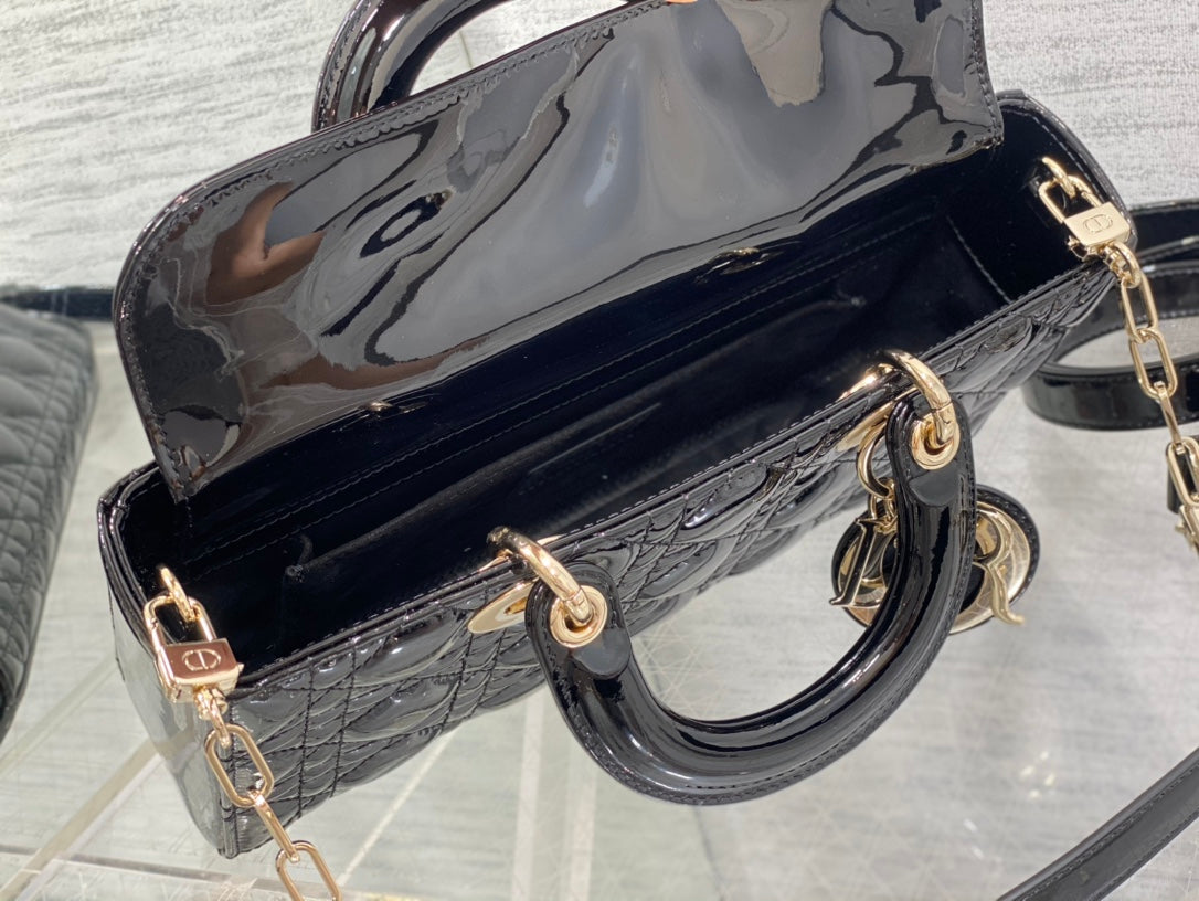 Dior Lady D-Joy Medium Patent Black Leather Bag - 26x6x14cm mysite