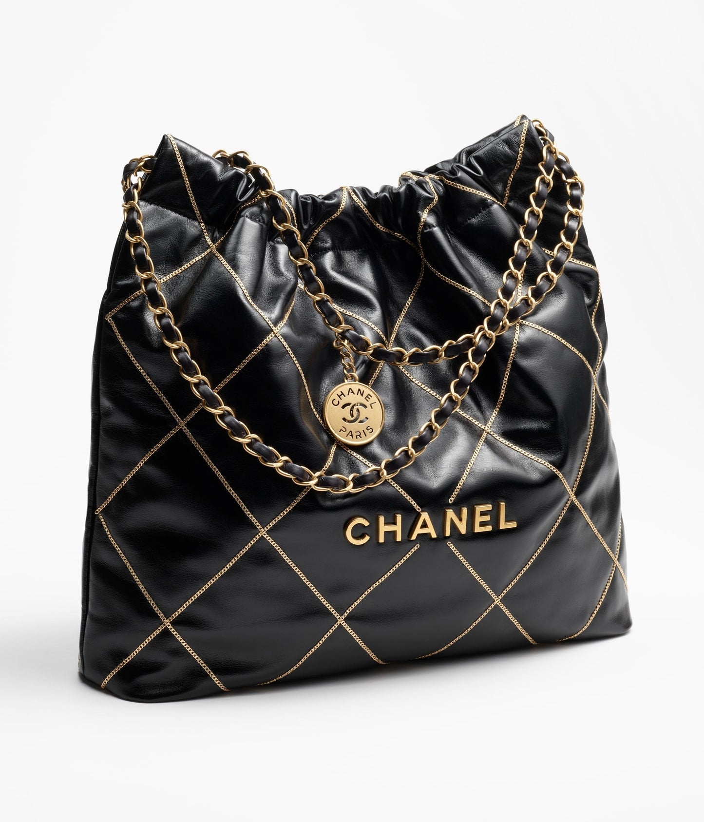 Chanel 22 Handbag 23B Shiny Calfskin Black Chain Quilt 35 x 37 x 7 cm mysite