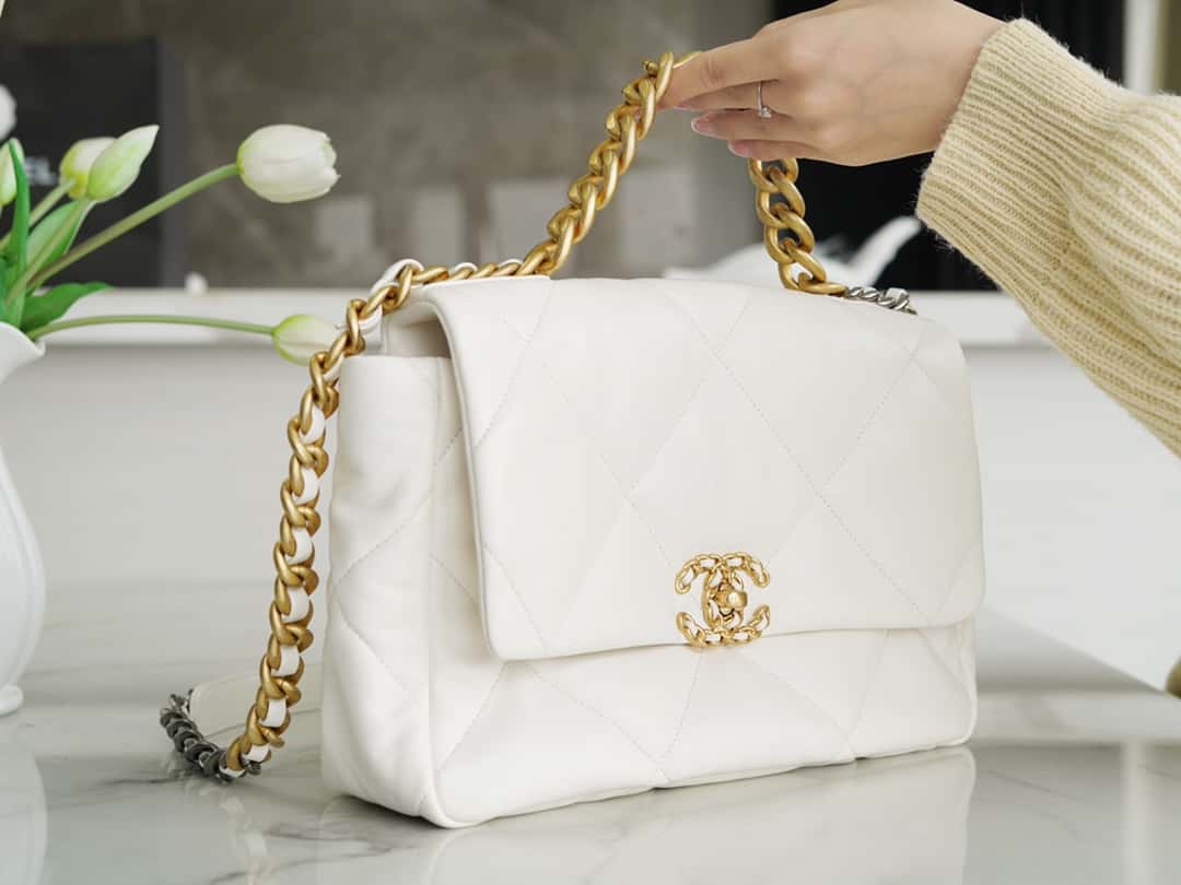 Chanel 19 Large Handbag Lambskin Gold AS1161 White mysite