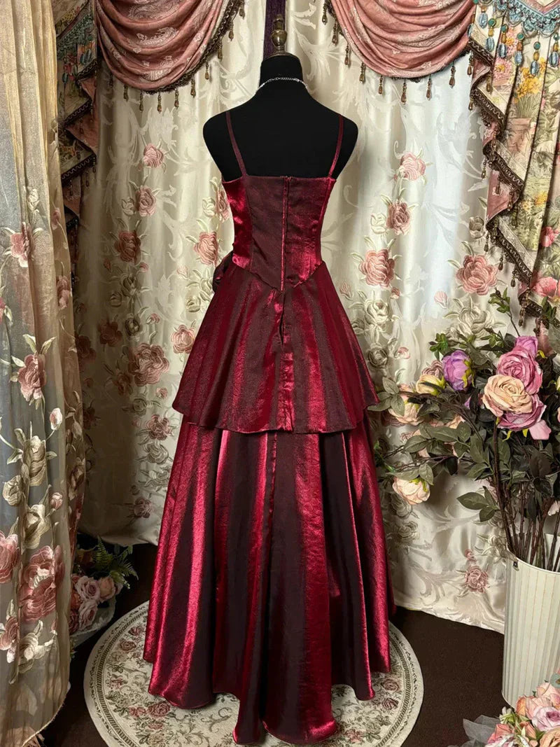 kovadresss-Burgundy Shiny Floral Spaghetti Strap Vintage Dress Floor-Length Ball Gown Prom Dress gh5671s mysite