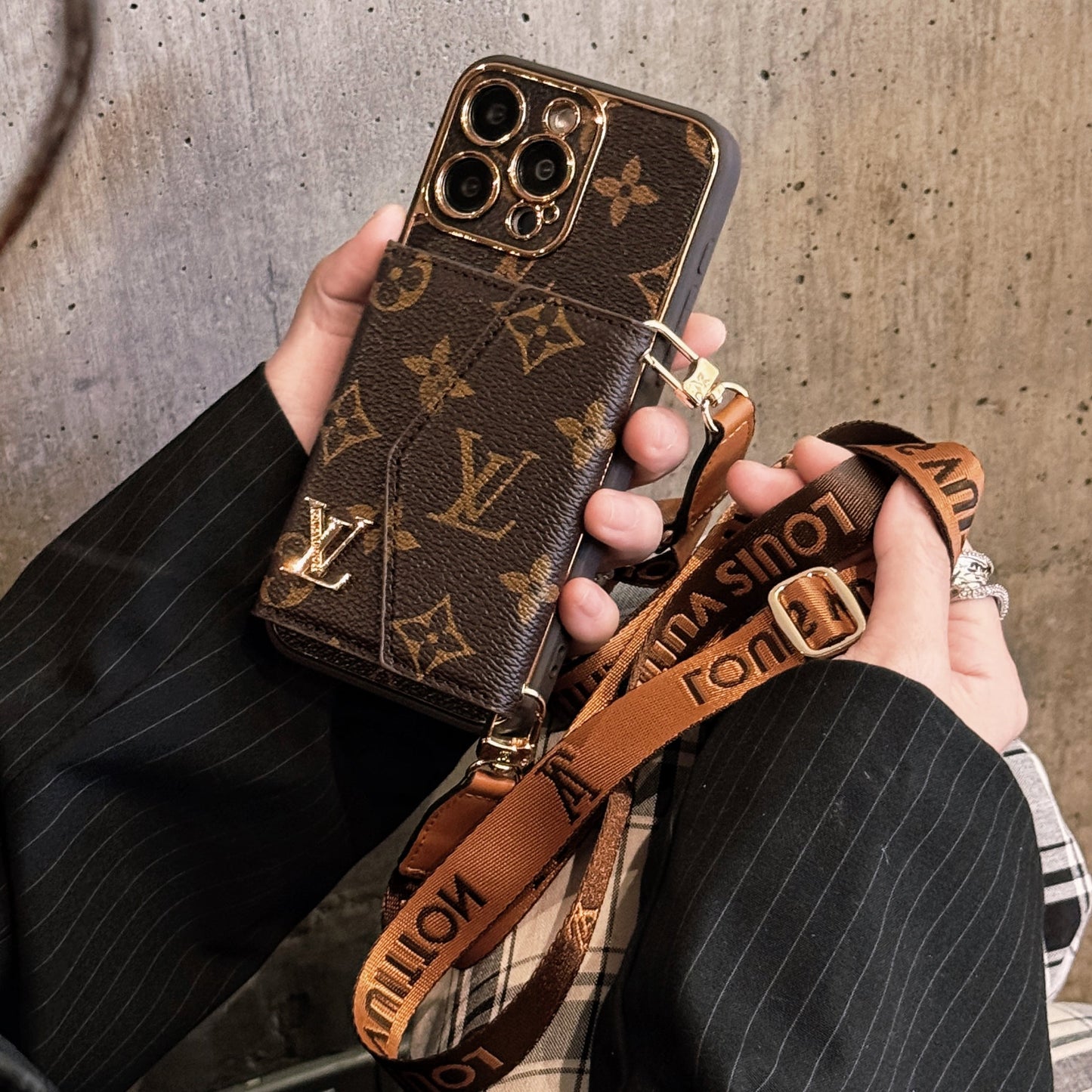 Monogram iPhone Case With Wallet And Strap Brown Small Printing-XFQ240329 mysite