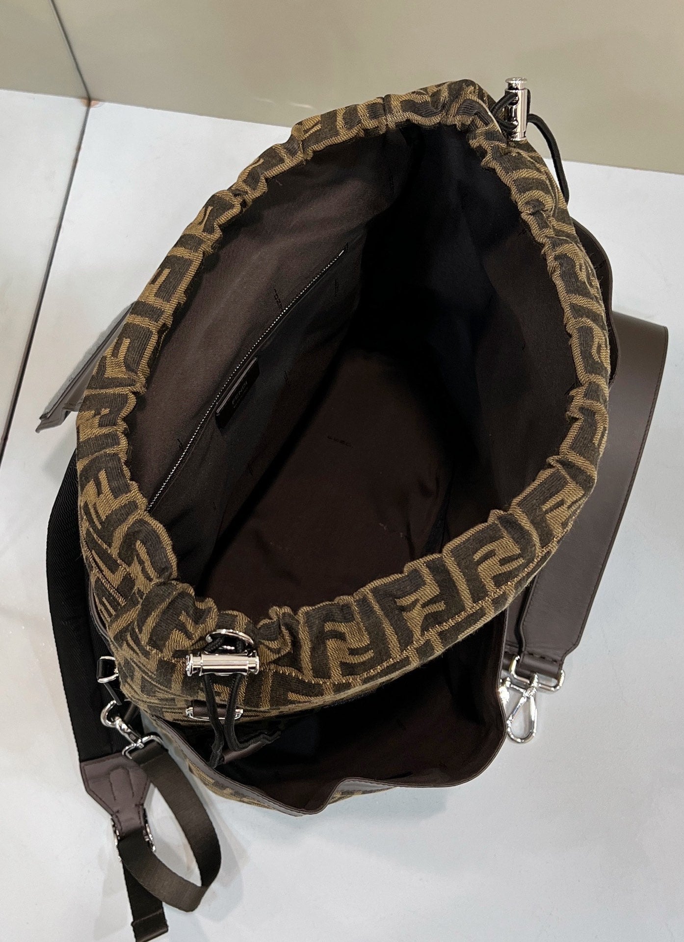 FENDI STRIKE LARGE 46 FF MOCHA BROWN JACQUARD FABRIC BACKPACK mysite