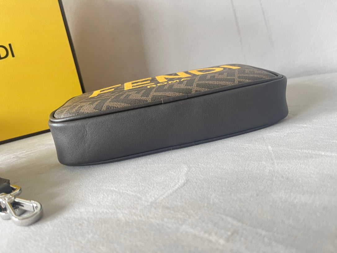 FENDI ROMA 22 CLUTCH BAG IN CHOCOLATE BROWN FF CALFSKIN SILVER HARDWARE WITH GOLDEN LOGO mysite