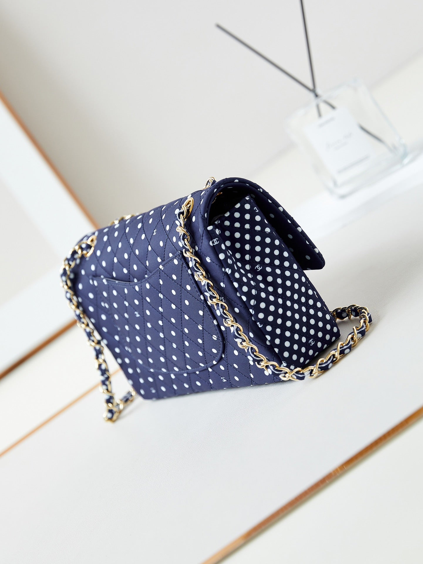 24p medium flap bag 25cm dark blue canvas white polka dot mysite