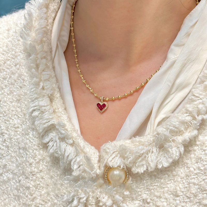 French Luxe Red Heart Pendant Necklace – Dainty Glamour with Full Rhinestones accessories mysite