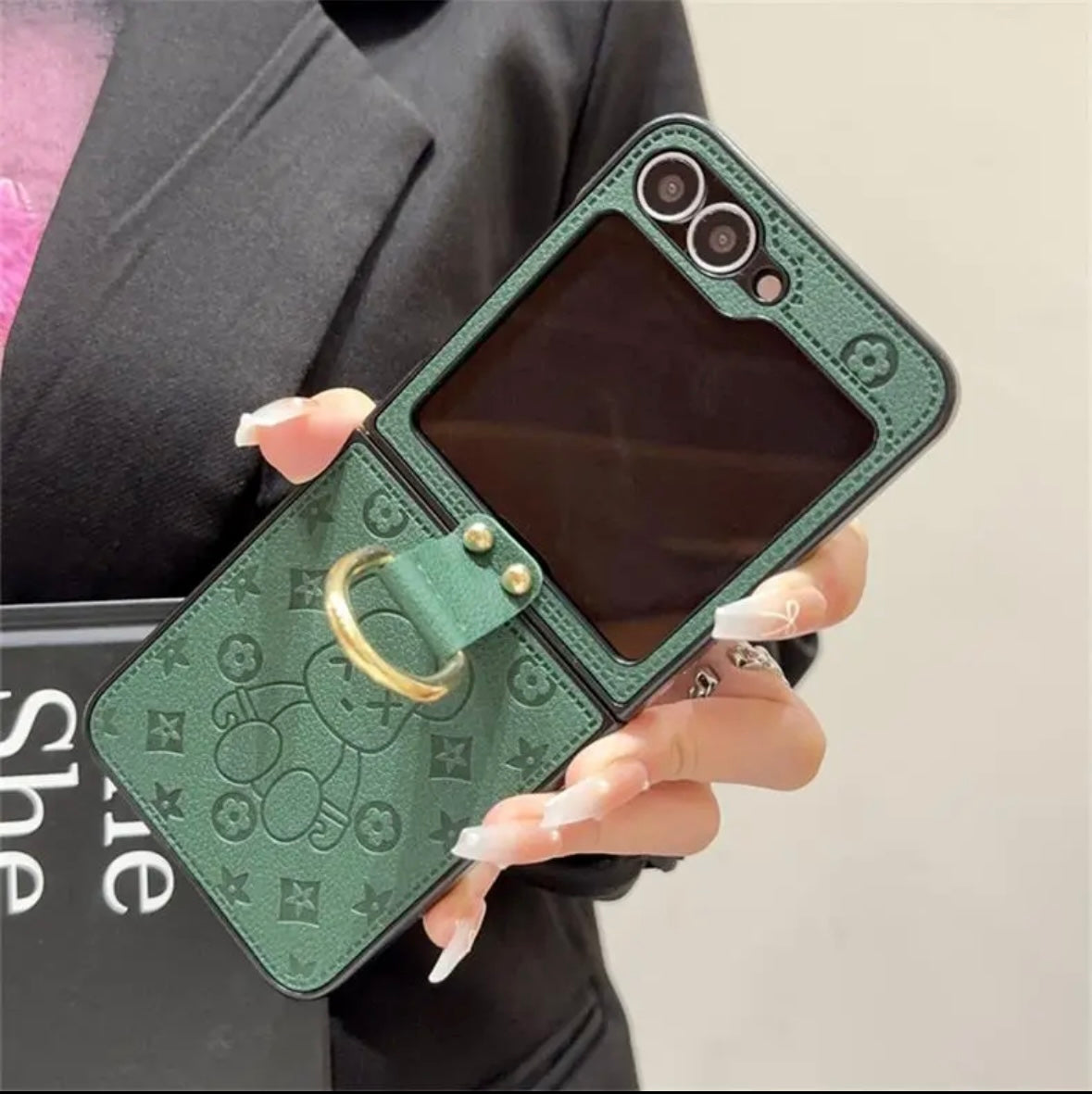 "Samsung Z Flip series leather folding anti-fall mobile phone case, with finger ring buckle design"s mysite