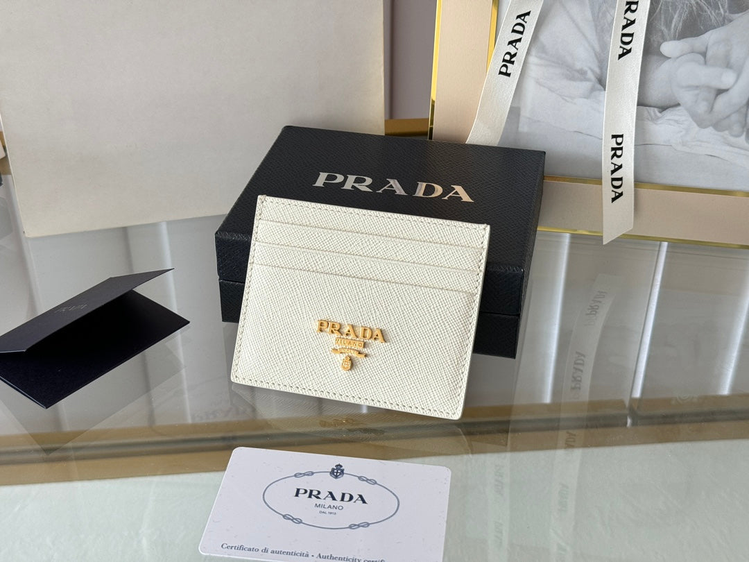 Pra Gold Logo-Stamp Card Holder White Saffiano Leather mysite