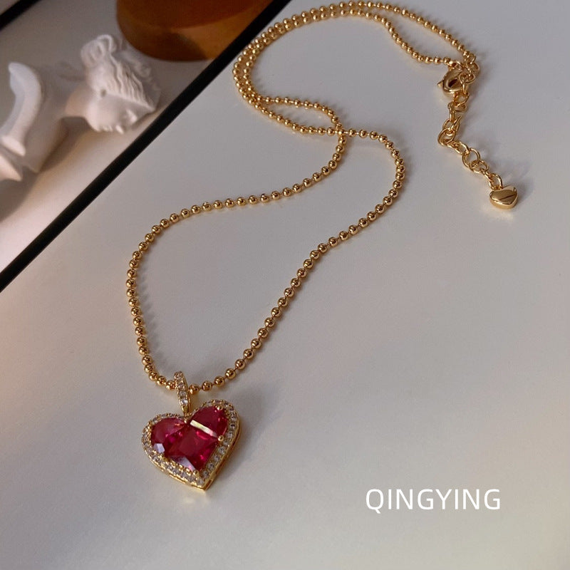 French Luxe Red Heart Pendant Necklace – Dainty Glamour with Full Rhinestones accessories mysite
