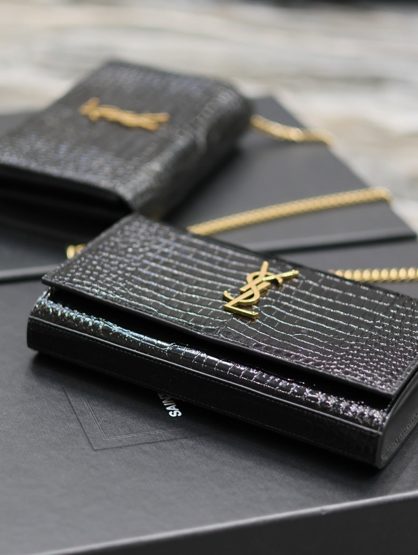 YSL Kate Croc Embossed BLack Gold Hardware - 23x14x3cm mysite