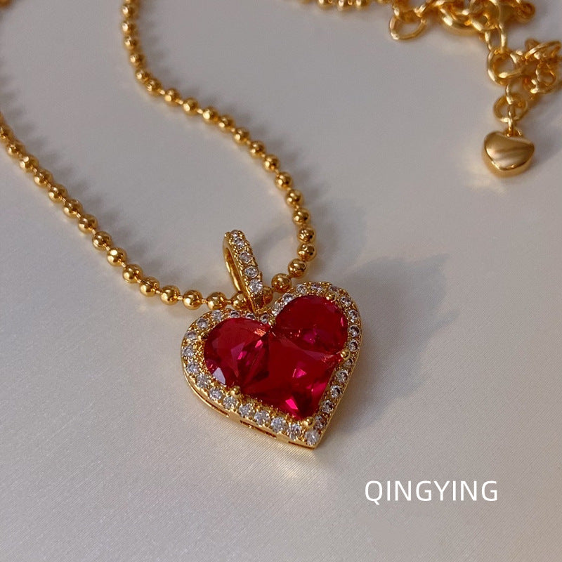French Luxe Red Heart Pendant Necklace – Dainty Glamour with Full Rhinestones accessories mysite