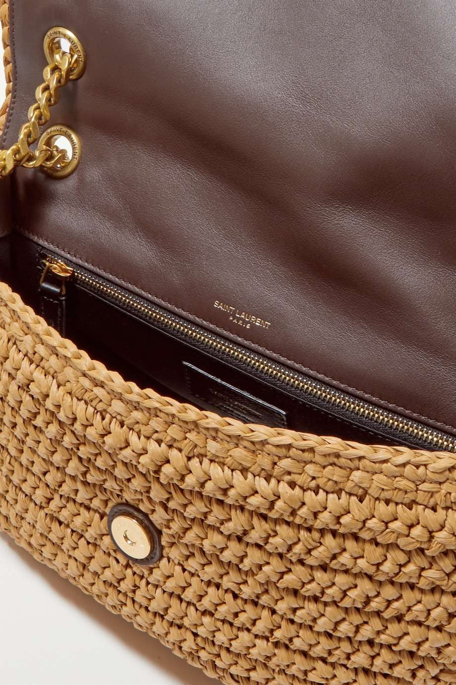 SAINT LAURENT Niki medium leather-trimmed raffia shoulder bag Cream mysite