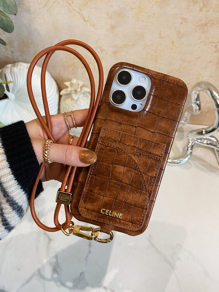 Alligator Print Celine iPhone Case With Card Holder And Strap Brown -EYP241415 mysite
