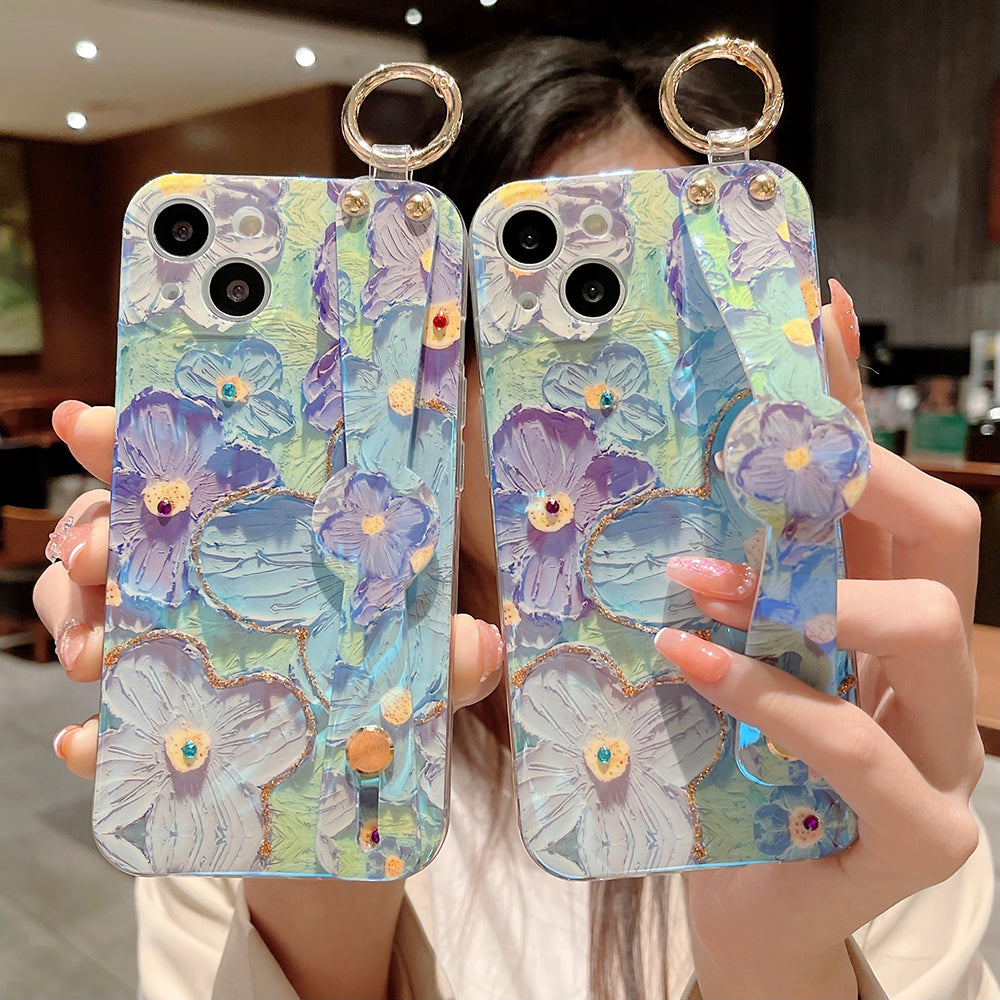 Purple Oil Painting Flower Wristband Holder with Lanyard iPhone Case mysite