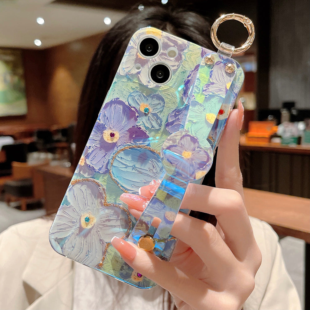 Purple Oil Painting Flower Wristband Holder with Lanyard iPhone Case mysite