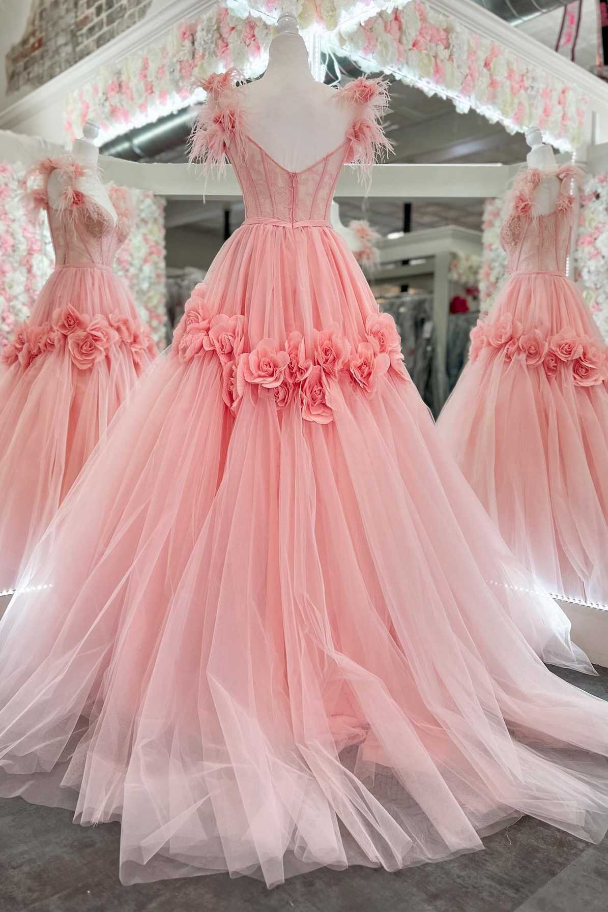 Pink Feather Lace Sweetheart Ball Gown Prom Dress with 3D Floral Lace P1177s mysite