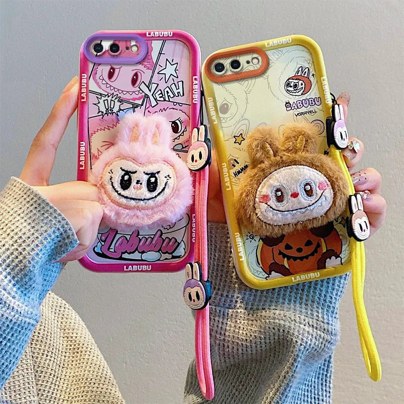 3D Cartoon Labubu Fur Phone Case for Samsung With Strap Plush Kuromi Toy Soft Covers mysite