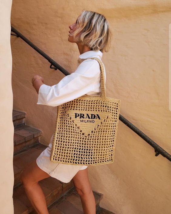 Prada Women's Natural Crochet Tote Bag-Khaki mysite