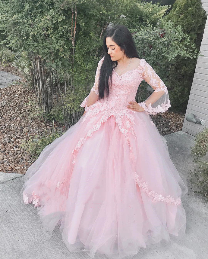 Princess Tulle Pink Puffy Long Sleeve Ball Gown Prom Dress, Sweet Quinceanera Dress cg10574s mysite