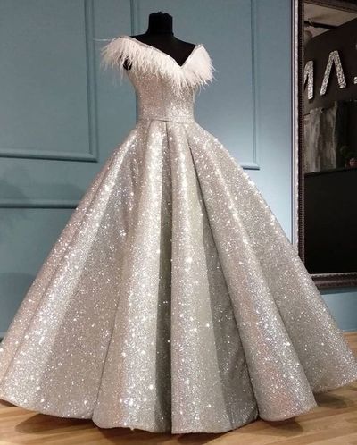 Sliver Glitter Sequins Ball Gown Prom Dress Feathers Sexy Deep V Neck Formal Evening dress cg11131s mysite