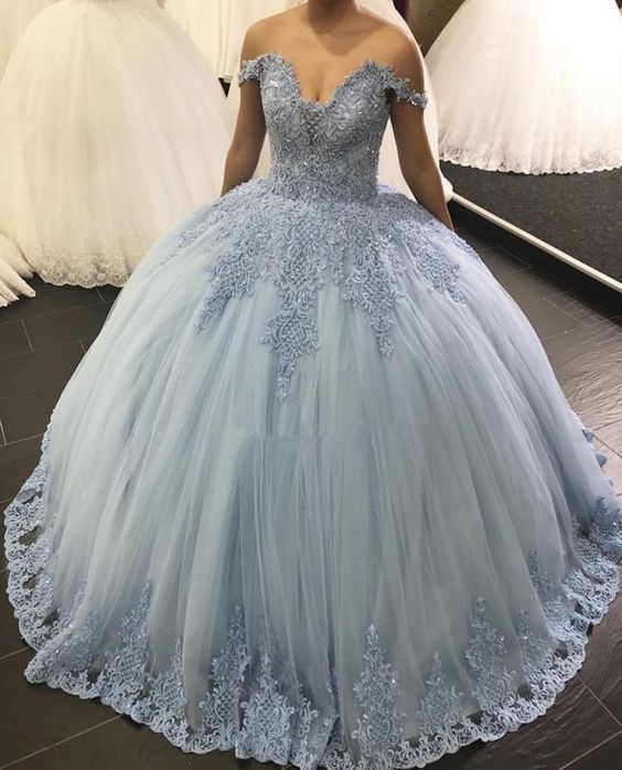 Blue Tulle Appliques Quinceanera Dress Off Shoulder Ball Gown Prom Dresses cg11474s mysite