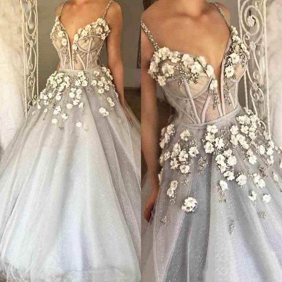 Customize Ball Gown Prom Dress Grey Spaghetti V-Neck Tulle Illusion Aline Flowers Dress Evening Wear Formal Dress Elegant cg11732s mysite