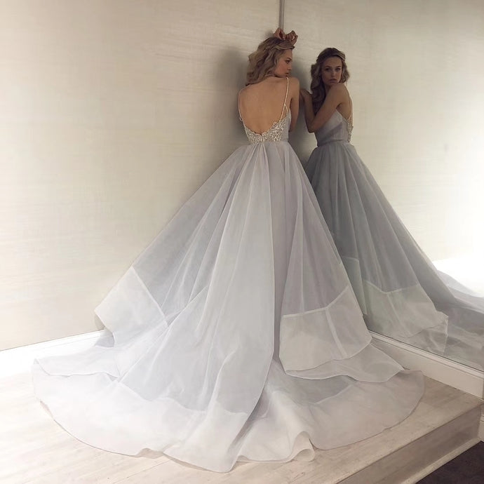 Sexy Backless Straps Gray Tulle Beading Ball Gown Prom Dress Graduation Party Gowns cg13297s mysite