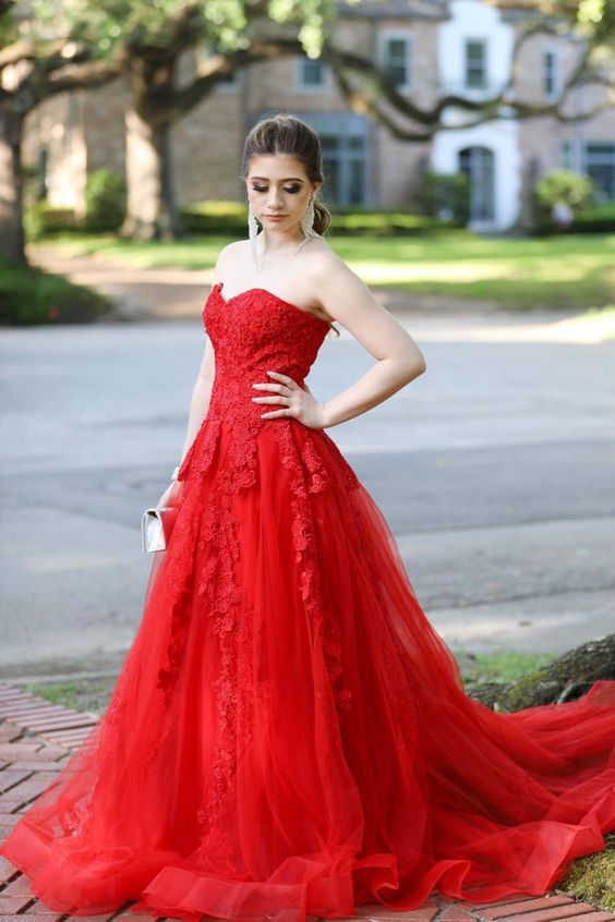strapless red A-line tulle and lace long ball gown prom dress cg17242s mysite