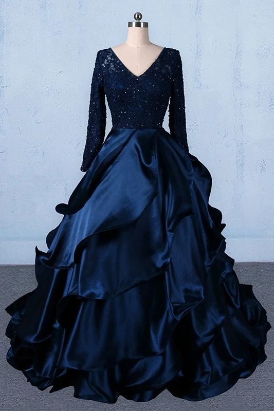 Formal V-neck Beading Lace Satin Backless Ball Gown Prom Dresses With Sleeves cg21639s mysite