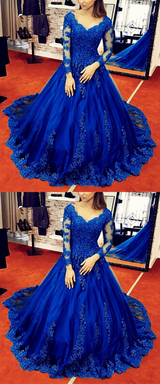 Stunning Royal Blue Lace Long Sleeves Ball Gown Prom Dresses For Wedding Party cg22104s mysite