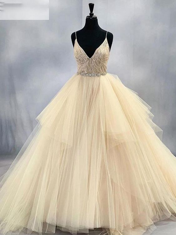 Tulle Lace Beading V-Neck Spaghetti Straps Sleeveless Floor-Length Ball Gown prom dress Wedding Dress cg22417s mysite