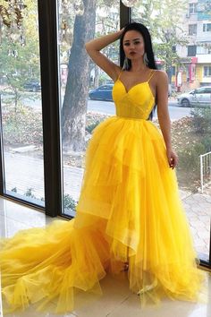 Unique Straps Yellow Ball Gown prom dress with Train cg6091s mysite