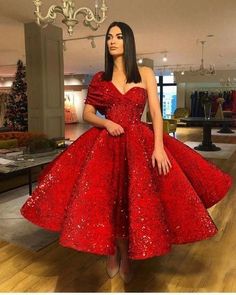 Sparkling Red Sequin Ball Gown Prom Dresses with One Shoulder Tea Length Puffy cg6916s mysite