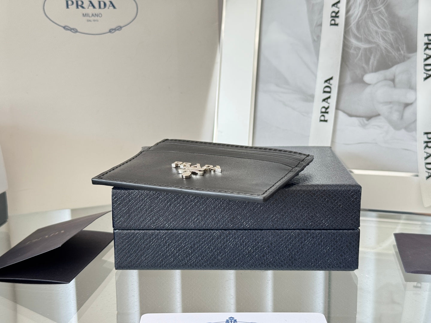 Pra Metal Logo-Stamp Card Holder Black Saffiano Leather mysite