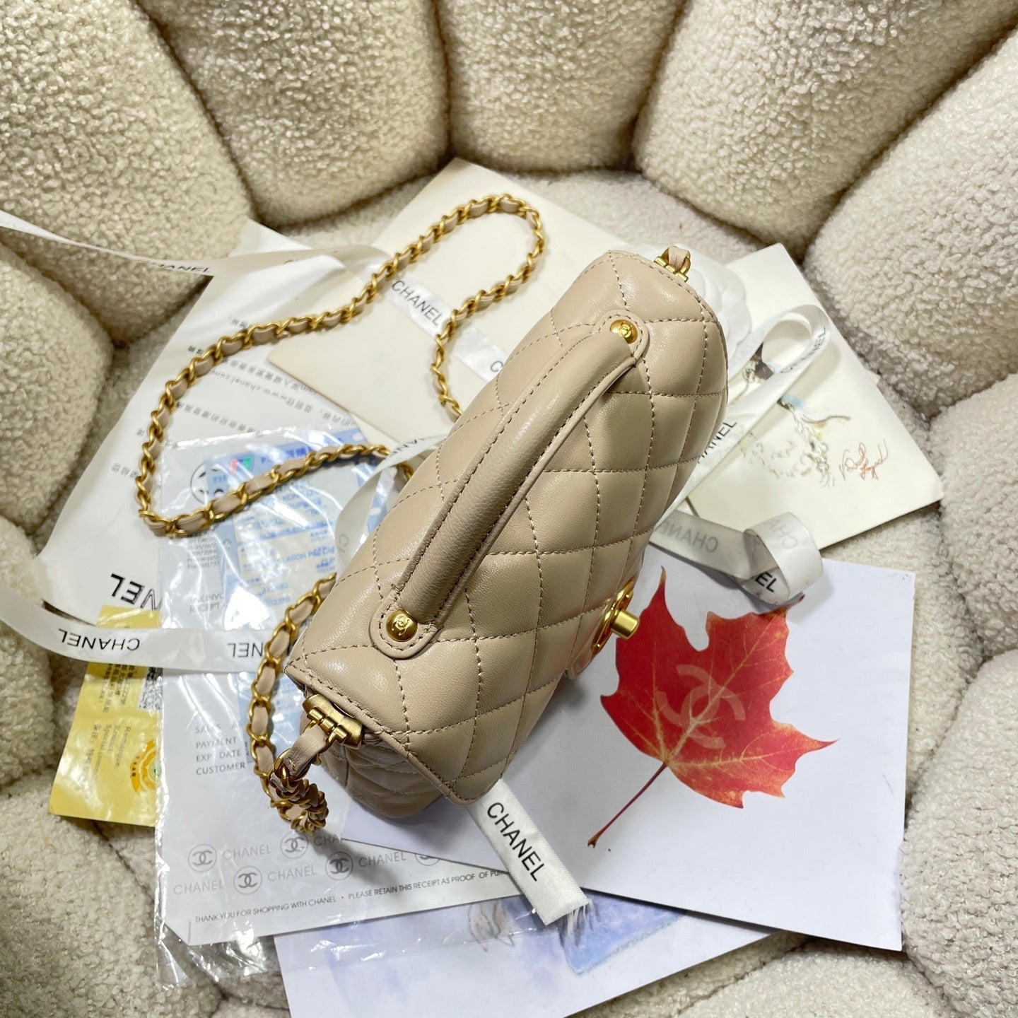 CC 25P Mini Flap Bag 20cm Top Handle Beige Calfskin Gold Hardware mysite