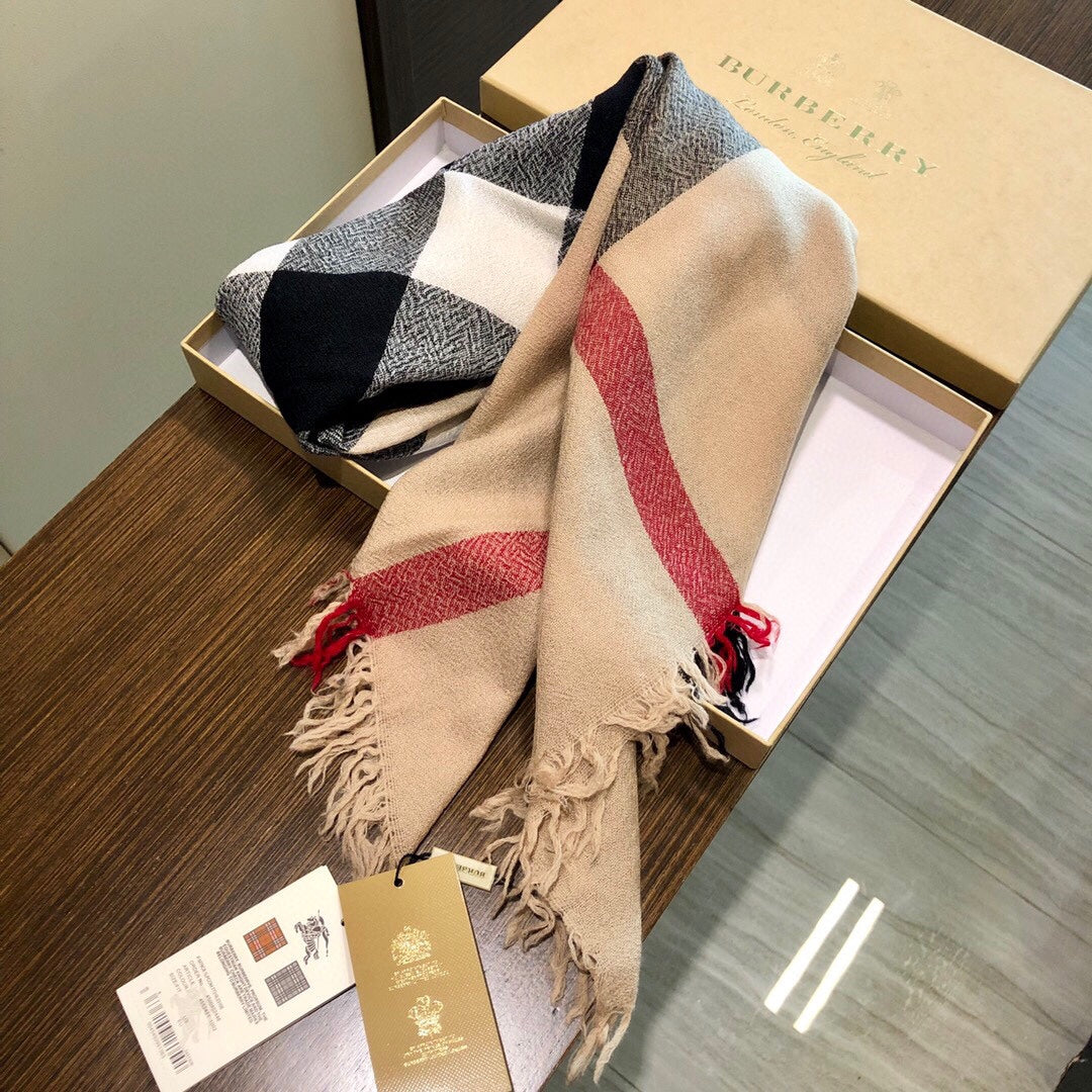 REVERSIBLE CHECK 140 CM WOOL SILK SCARF CAMEL BEIGE 408964 mysite