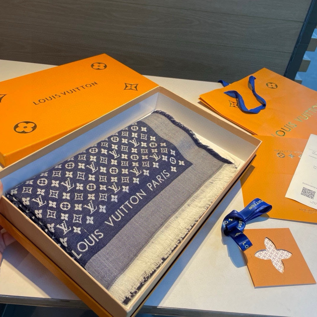 MONOGRAM SHINE SCARF 120 CM IN NAVY BLUE WOOL AND MULBERRY SILK 398196 mysite