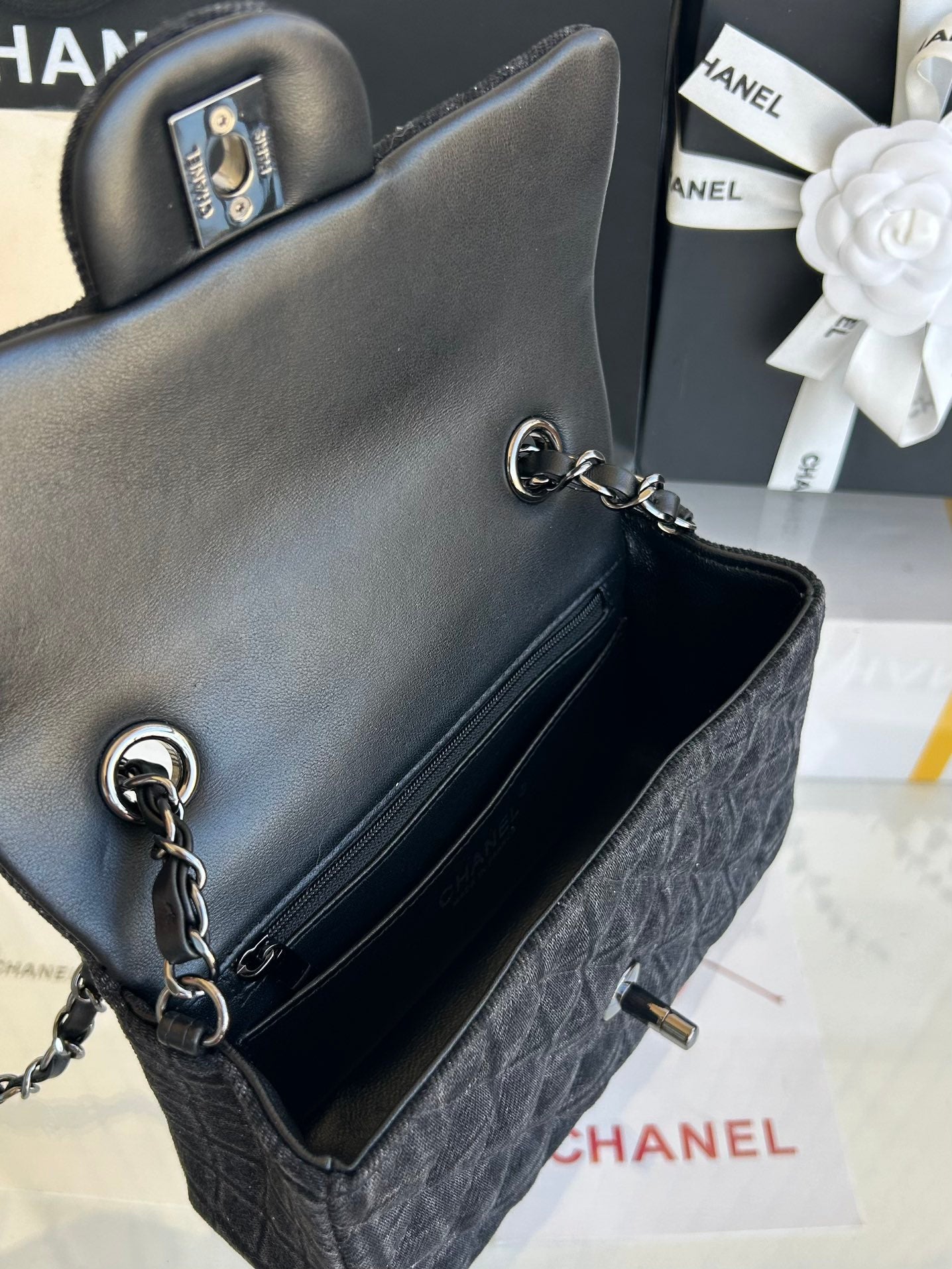 SMALL FLAP BAG 20 IN BLACK DENIM AND CALFSKIN LINING SILVER HARDWARE mysite