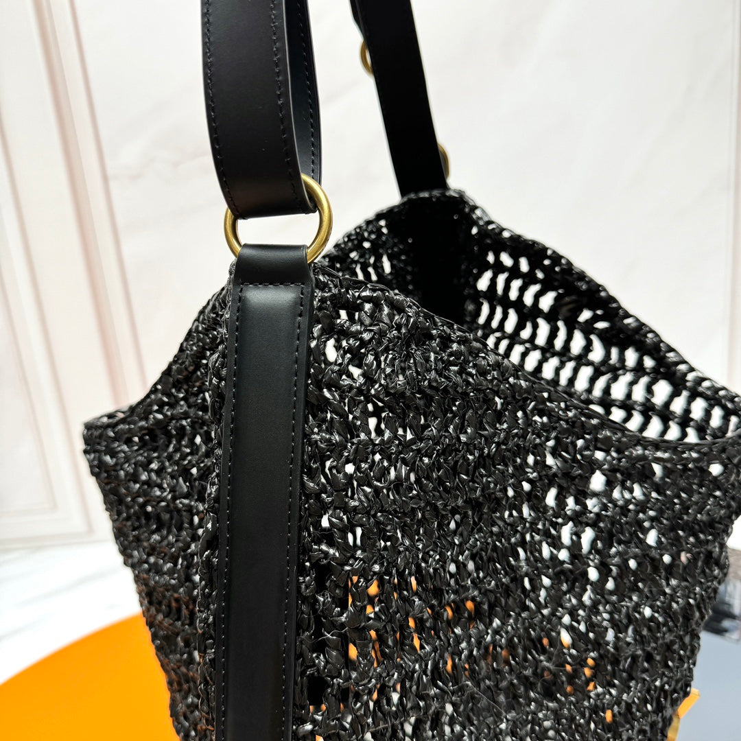 YSL OXALIS 37CM BLACK RAFFIA TAN CALFSKIN mysite