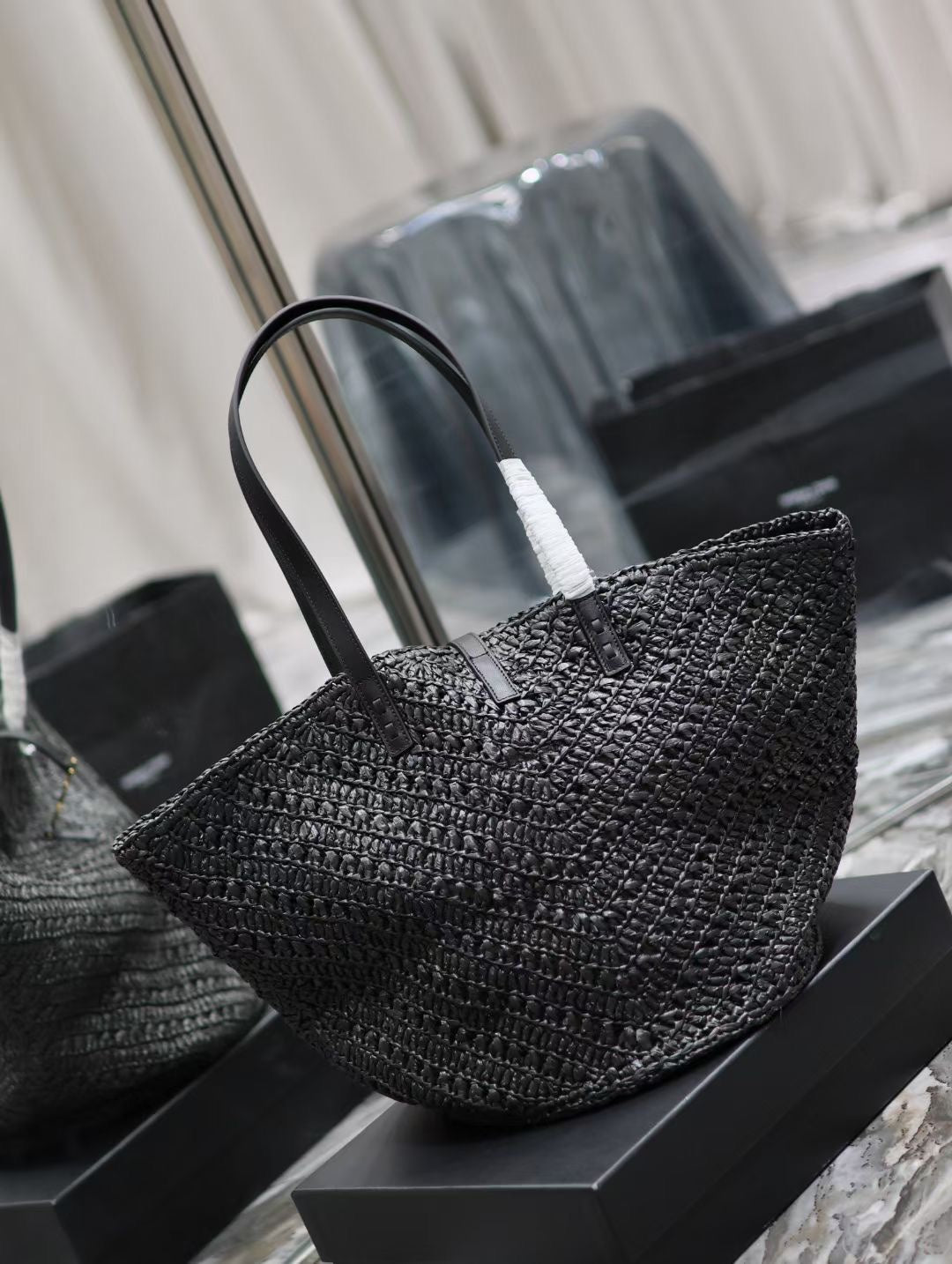 YSL MEDIUM 44CM PANIER BLACK RAFFIA TOTE BAG mysite