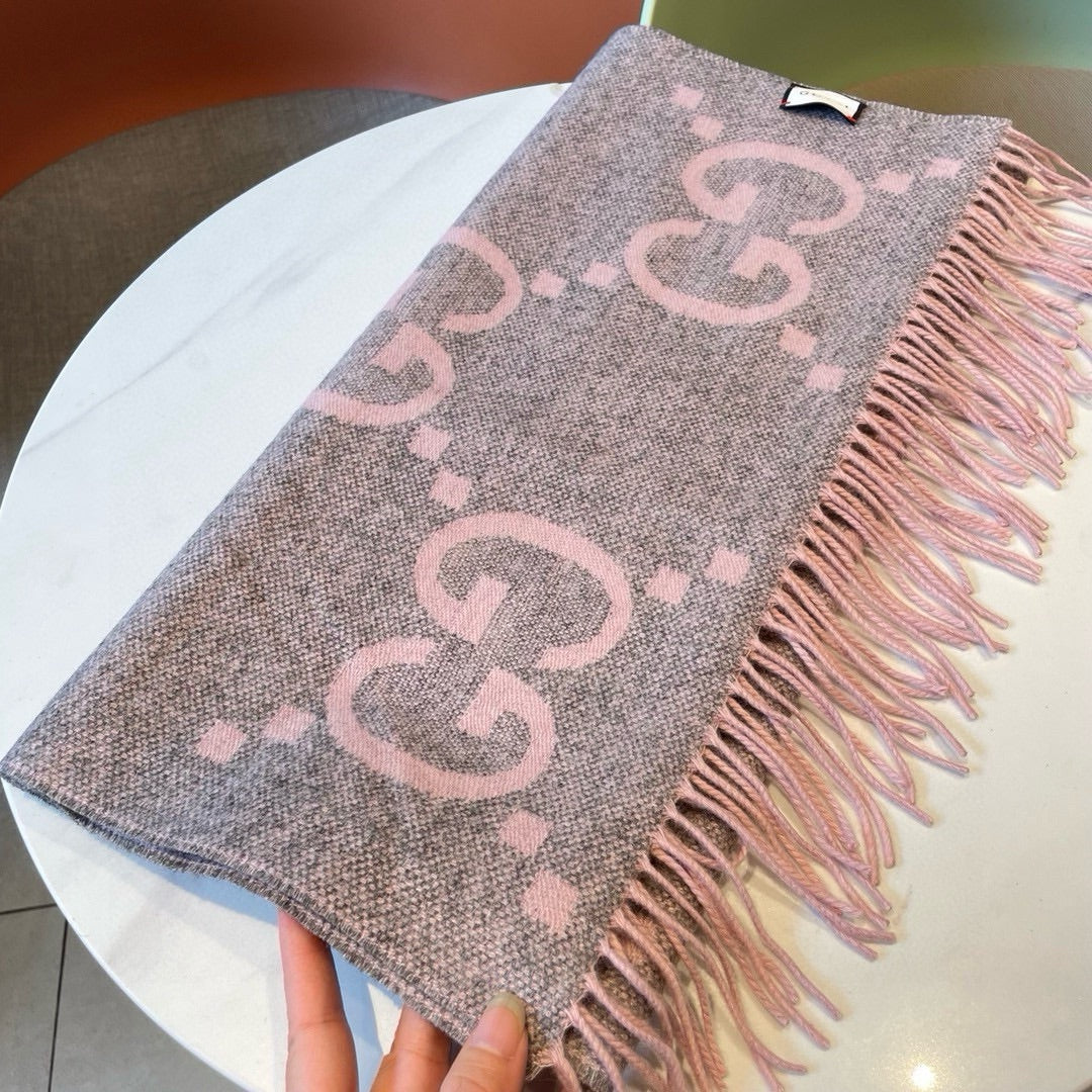 GG JACQUARD PATTERN KNIT SCARF 195 CM WITH TASSELS HARBOR GRAY MIX LIGHT PINK 403748 mysite