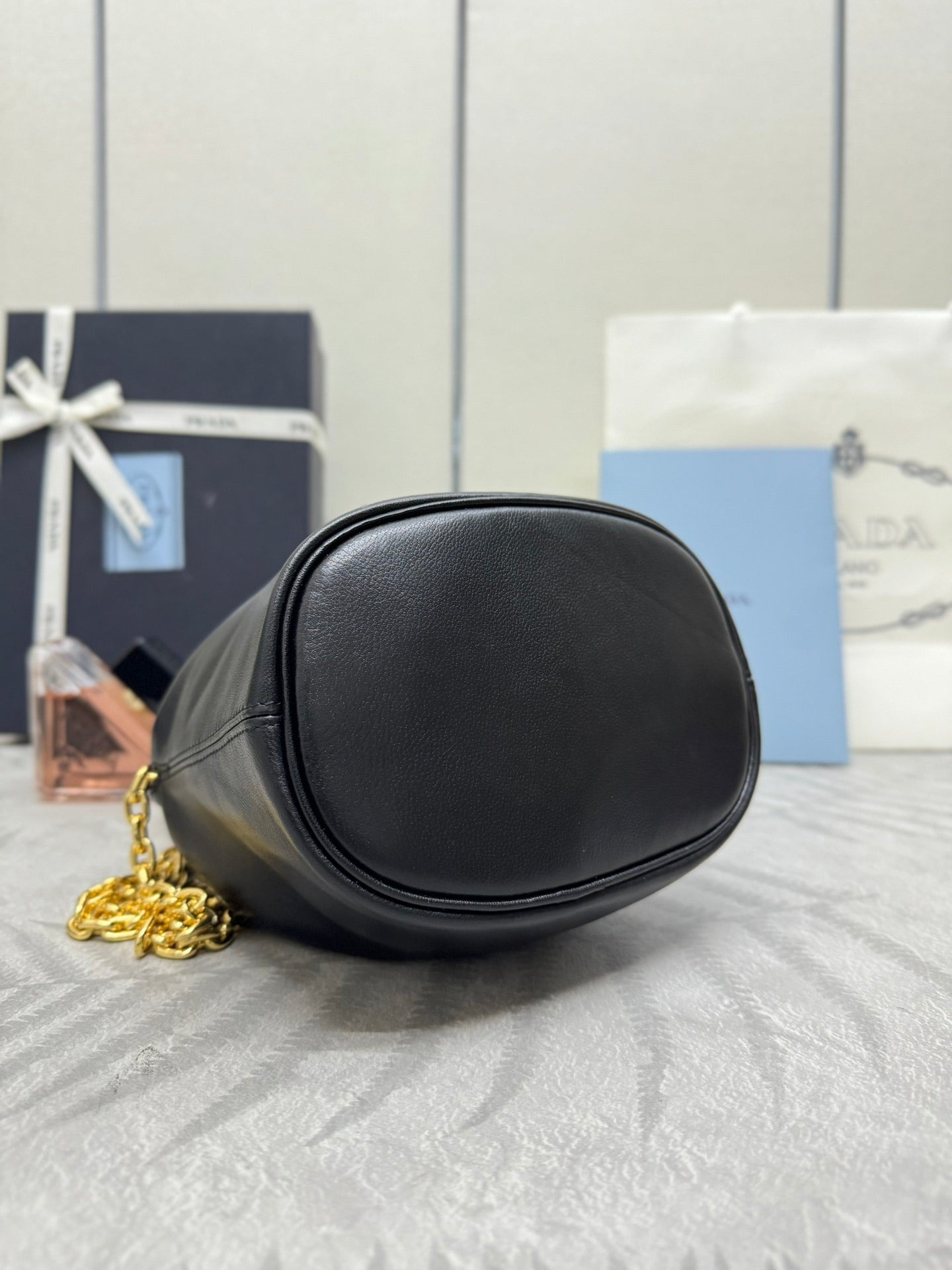 MINI BUCKET BAG 19 IN BLACK SOFT NAPPA LAMBSKIN GOLD HARDWARE mysite