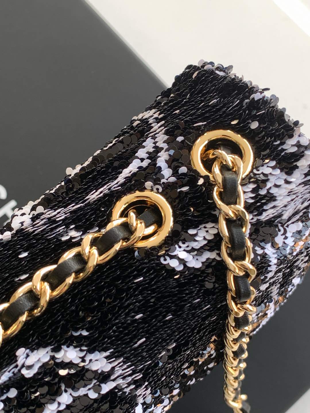 CC 24S Flap Bag Mini 21cm Black White Sequin Gold Hardware 238439 mysite