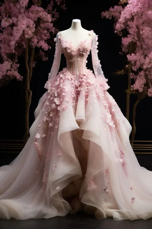 Pink Gorgeous Exquisite Floral A-line Long Tulle Long Sleeve Ball Gown Prom Dress Evening Dress Wedding Dress gh3273s mysite