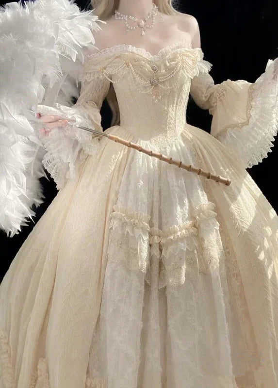 Gorgeous Ivory Sweetheart Lace Off-the-shoulder Long-sleeve A-Line Wedding Dress Ball Gown Prom Dress Evening Dress TP4593s mysite