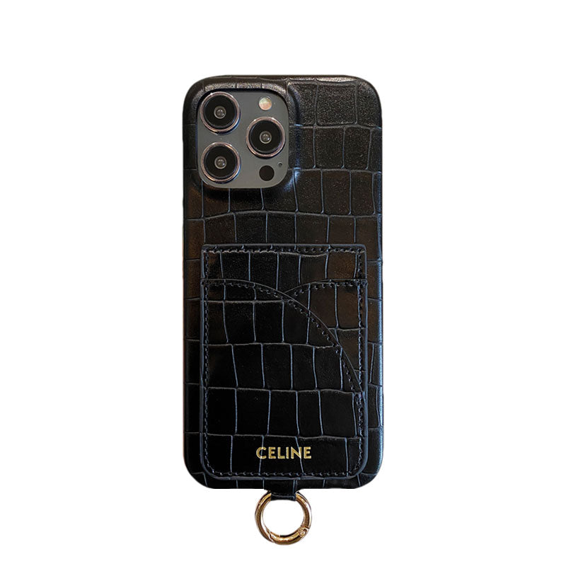 Alligator Print Celine iPhone Case With Card Holder And Strap Blcak -EYP241415 mysite
