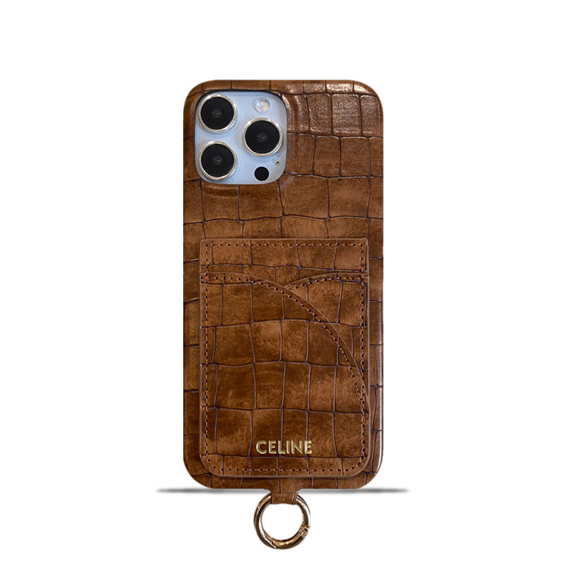 Alligator Print Celine iPhone Case With Card Holder And Strap Brown -EYP241415 mysite