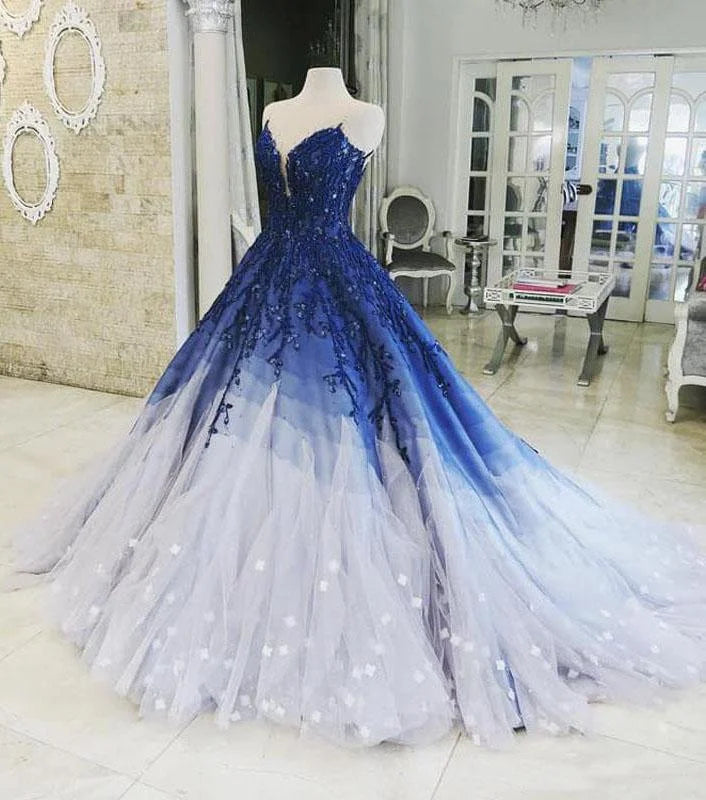 Blue Shiny Elegant V-Neck Applique Gradient Long Ball Gown Prom Dress Evening Dress Adult Ceremony Dress gh3104s mysite