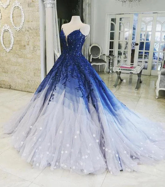 Blue Shiny Elegant V-Neck Applique Gradient Long Ball Gown Prom Dress Evening Dress Adult Ceremony Dress gh3104s mysite