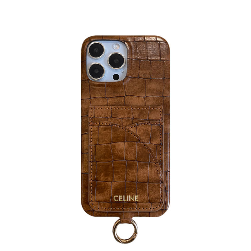 Alligator Print Celine iPhone Case With Card Holder And Strap Brown -EYP241415 mysite
