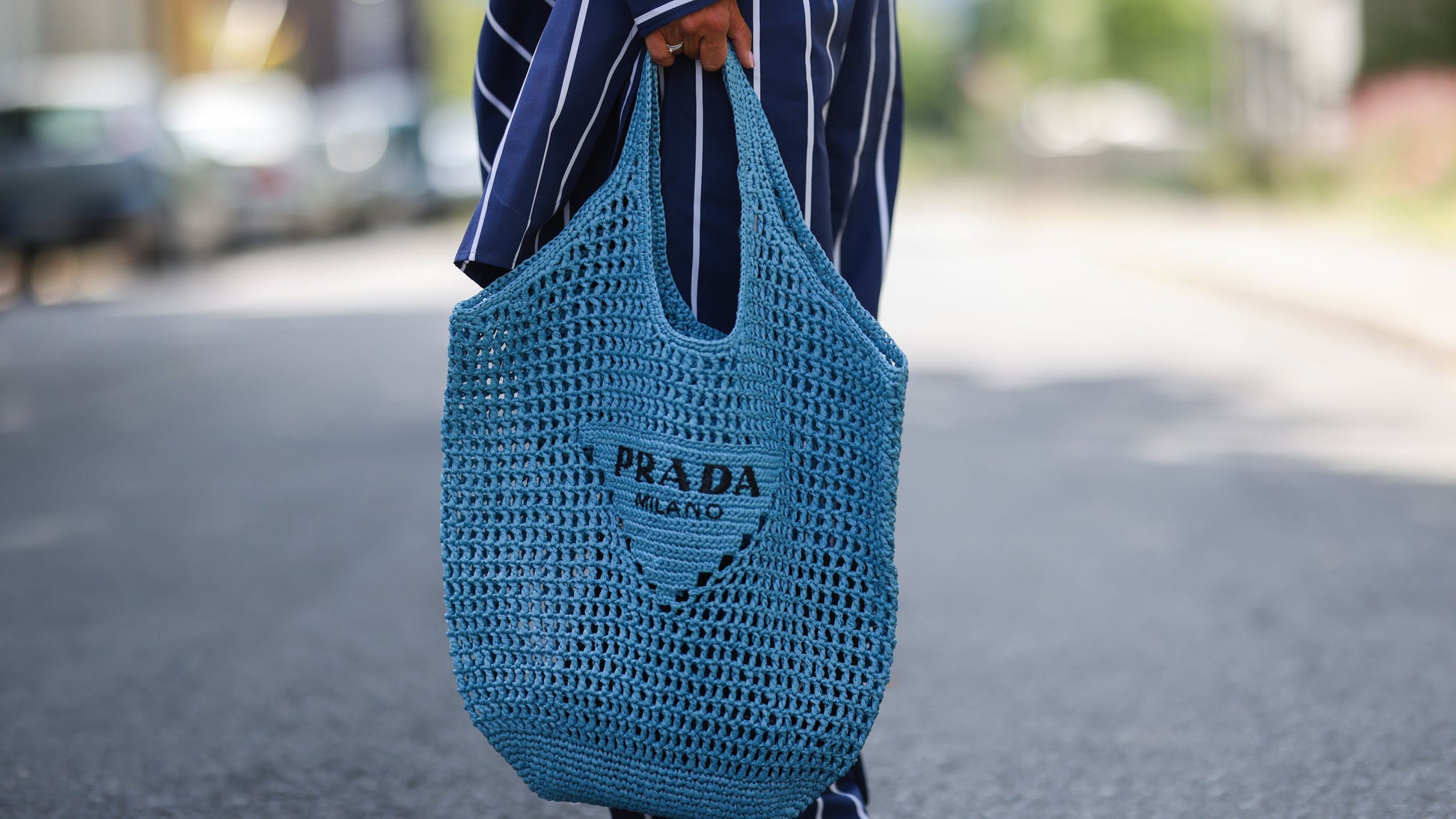 Prada Raffia Tote Bag-Blue mysite